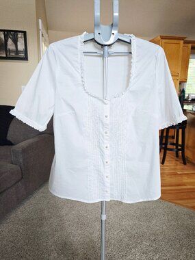 Kruger white Dirndl blouse sz US 14/16 EU 48 beautiful stitching & ruffled trim